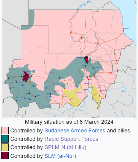 Map of the Sudan War showing the areas which are controlled by Sudanese Armed Forces and Rapid Support Forces 