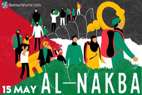 Graphic for Al-Nakba Day May 15. In the backround is the black, white, green, and red flag of Palestine. The image shows many displaced people having to leave their county. There is a large fist holding a golden key in the centre.