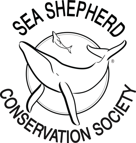 Black and white Sea Shepherd Conservation Society Logo. The outline of two whales one larger one smaller swim in a circle surrounded by the organisations name 