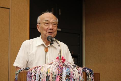 Terumi Tanaka, a survivor of the US atomic bombing of Nagasaki, speaks at an ICAN event in Hiroshima in 2011