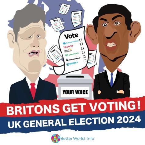 Caricatures of Rishi Sunak and Keir Starmer stand either side of a ballot box. There is a map of the UK in the background with the British flag on it and ballot papers with the main candidates are flying in the air. 