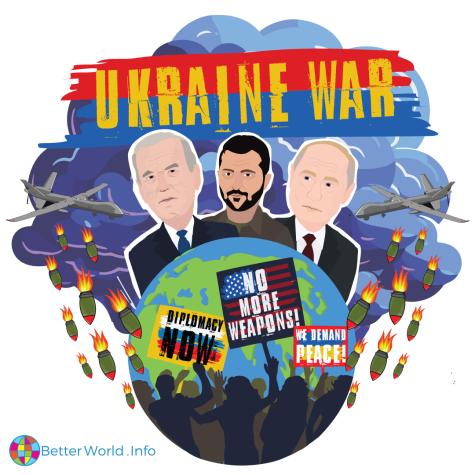 Graphic for the Ukraine War. Biden, Zelynskyy, and Putin stand behind the planet with bombs raining down from war planes and a storm cloud. Protesters at the bottom of the Earth are holding banners which say 'No more weapons', 'Diplomacy now', and 'We demand peace'.