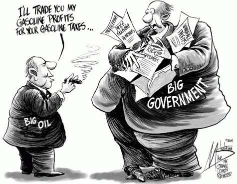 Cartoon of Big Oil and Big Government showing how they both rip off consumers, get away with windfall profits, and price gauging.