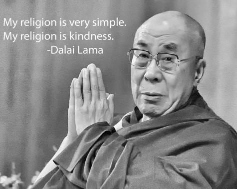 Black and white image of the Dalai Lama looking into the camera with his hands in prayer position. There is a quote in the top left which says “My religion is very simple. My religion is kindness” 