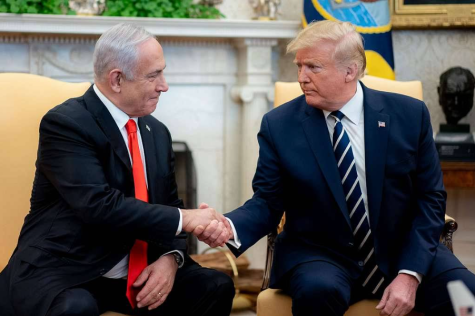 President Donald J. Trump and Israeli Prime Minister Benjamin Netanyahu shake hands at a meeting in the White House