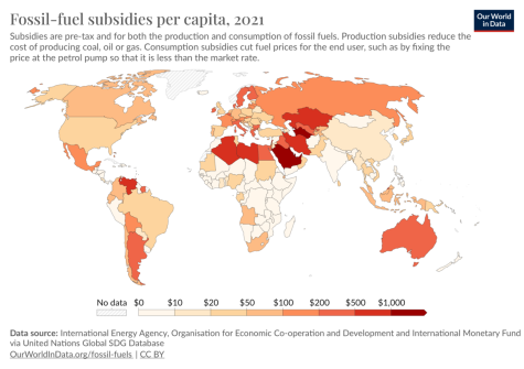 Map of the world displaying fossil-fuel subsidies per capita in 2021