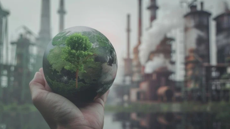 A hand holds a glass globe with trees inside against the backdrop of industrial smokestacks emitting smoke.