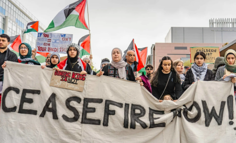 Protesters stand in the street calling for an end to the fighting in Gaza. They hold a large white banner which reads 'Ceasefire Now'