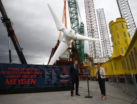 Tidal turbines sit ready for installation at the world’s first large-scale tidal energy farm in Scotland.