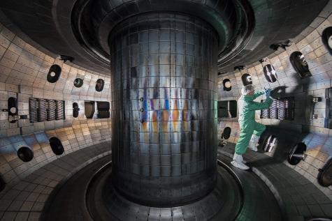 A worker inside the DIII-D vacuum vessel during a maintenance period in 2017