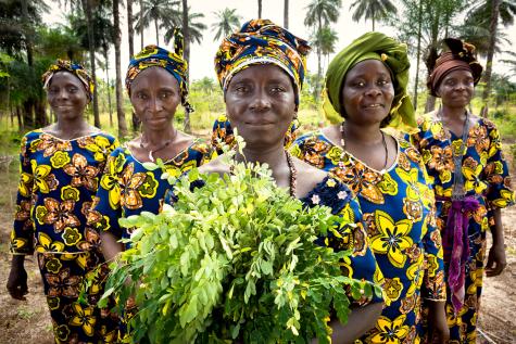 Guinea - Rural Women's Cooperative Generates Income and Improves Community Life. Five women stand wearing traditional dress holding the product of their hard work on the farm.